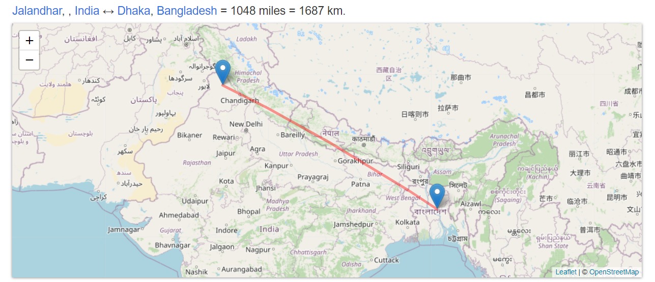Distance between Dhaka to Jalandhar